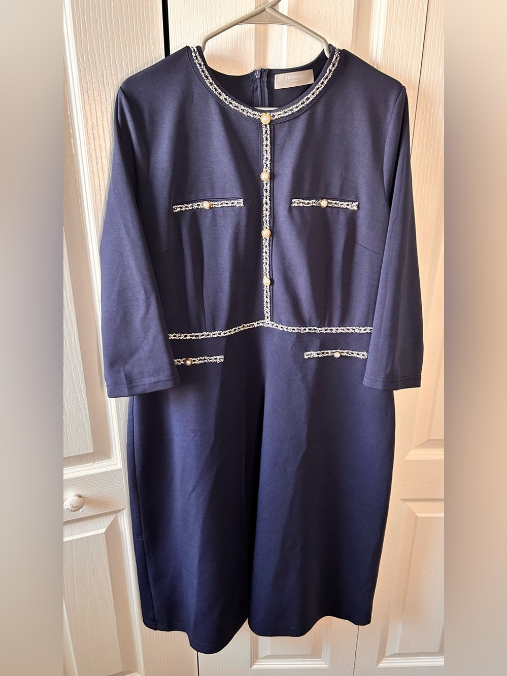 Hobemty Women’s Size XXL Elegant Navy Sheath Long Sleeve Dress Pearl Tweet Trim